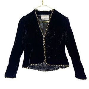 VINTAGE 80s 90s Black Crushed Velvet Gold Rope Cropped Collarless Evening Blazer